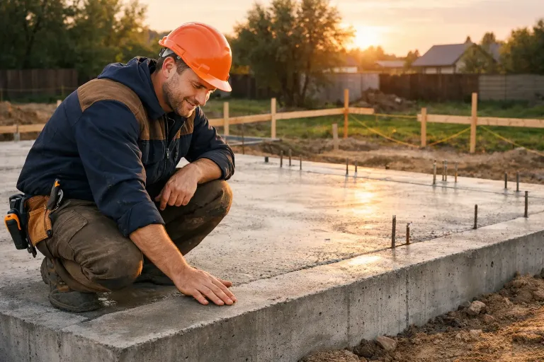 Проверка бетонного фундамента на строительном участке вечером