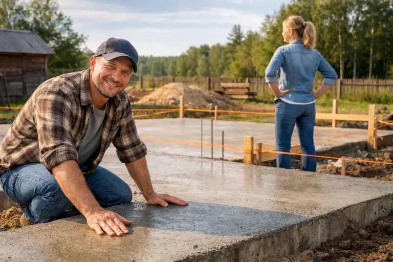 Семья оценивает фундамент под строительство частного дома