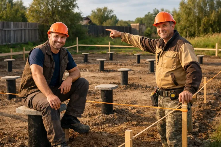 Команда строителей у свайного фундамента дома