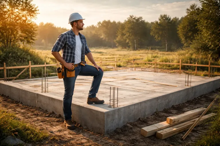 Инженер осматривает бетонный фундамент дома на строительном участке