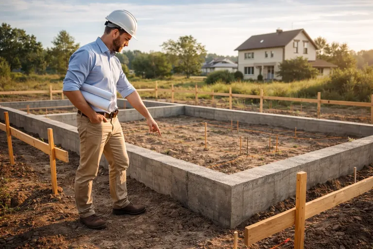 Архитектор показывает ленточный фундамент на этапе планирования